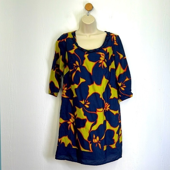 Ann Taylor Loft - Goldenrod &Navy Floral Print With Beaded Neckline Midi Dress 2 - Picture 1 of 12
